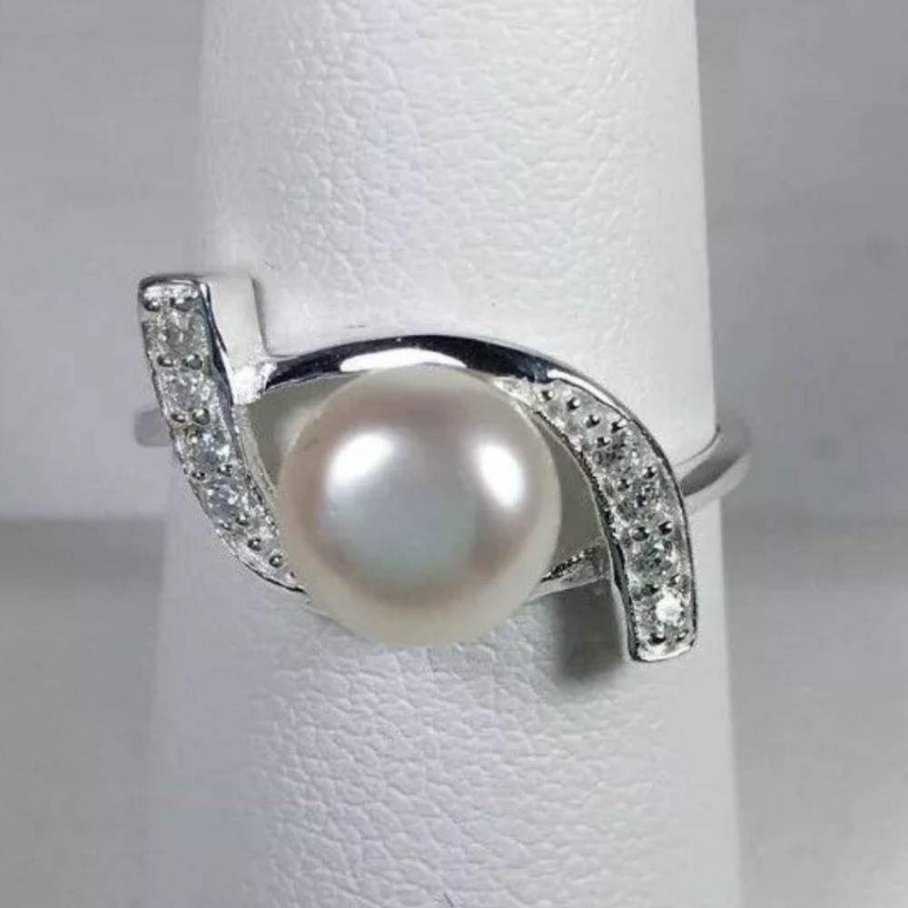 Sterling Silver Pearl Ocean Wave Clear Stones Ring